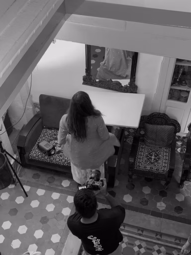 Seen from above: a scene being shot in the painted room
