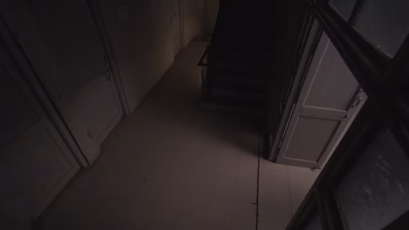 The empty tiled landing, the glass door standing open on the stairs